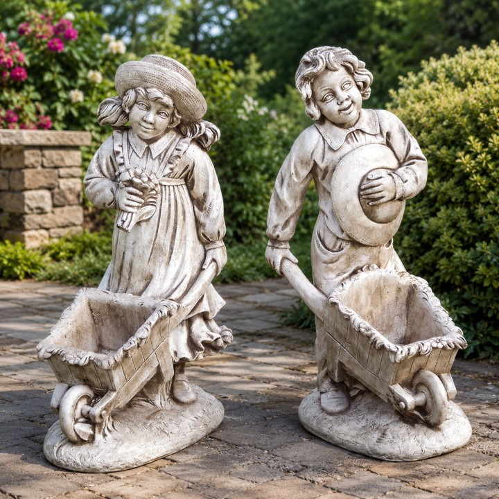 Paire de cache-pot modèle « enfants avec brouette »