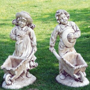 Coppia bimbi cariola- portavaso in graniglia di marmo di carrara