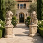 Coppia leoni con scudo in graniglia di marmo di Carrara | Italpark